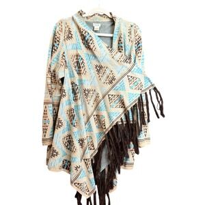 Tasha Polizzi Women L Blue Brown Cotton Tribal Fringe Wrap Cardigan Sweater READ